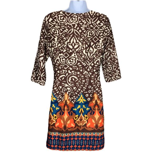 Karlie Shift Dress 3/4 Sleeve Geometric Mixed Print Women's S Brown Orange Blue - Picture 2 of 9